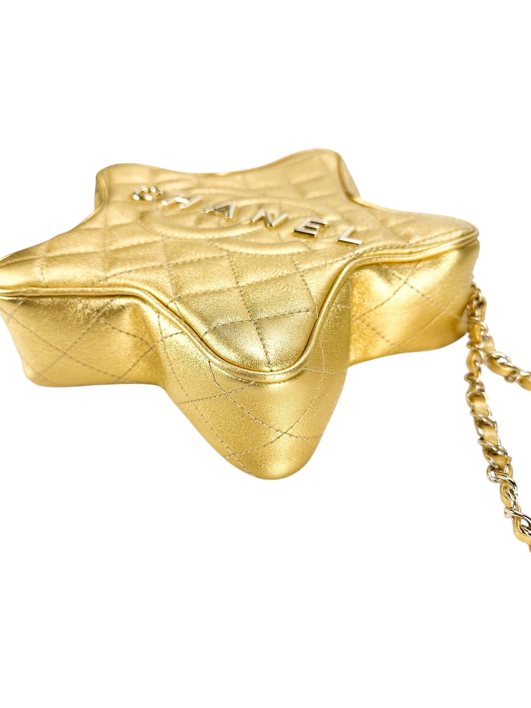 Chanel Gold Metallic Quilted Lambskin Walk Of Fame Star Bag Full Set