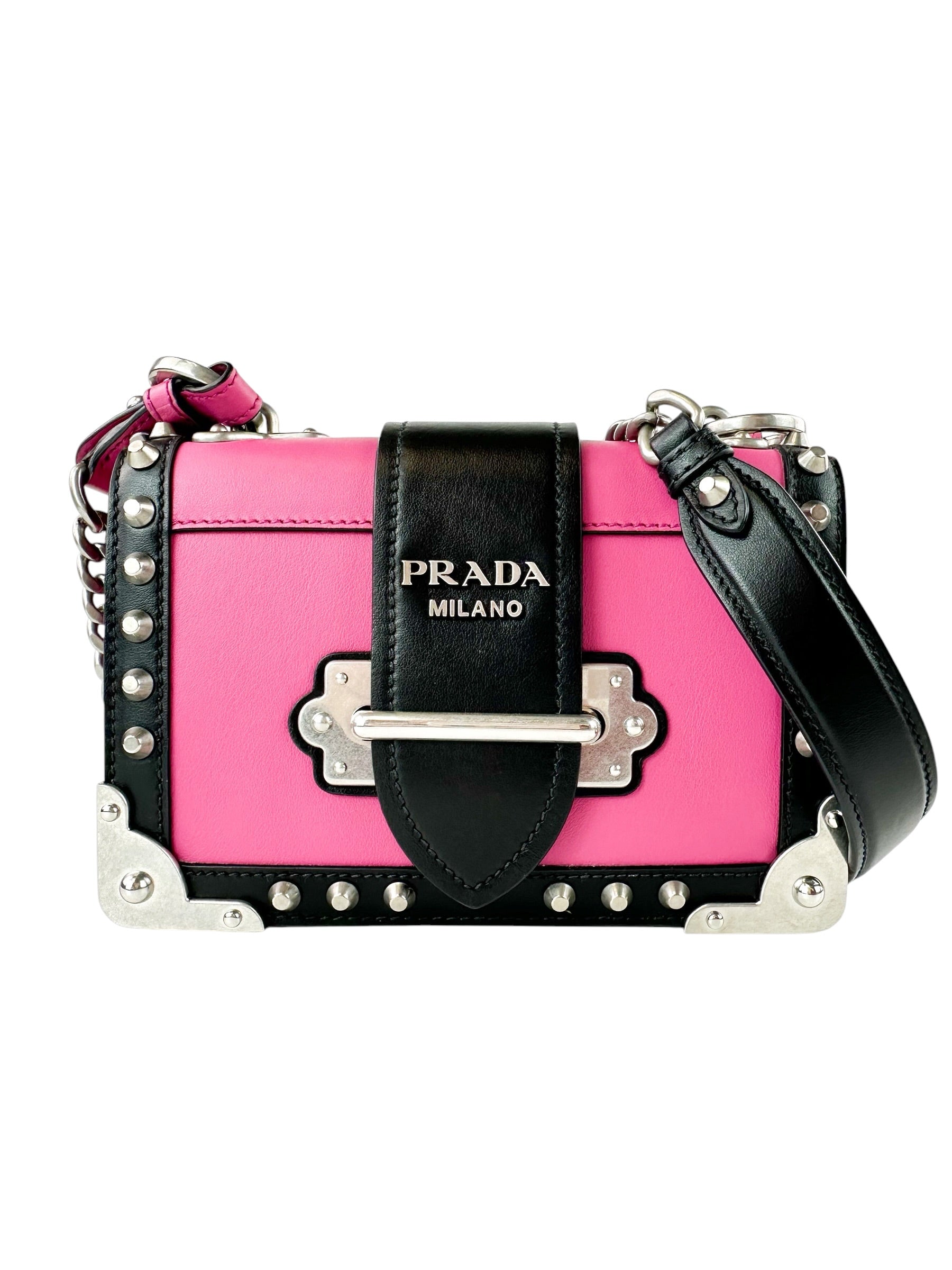 Prada Pink And Black Saffiano Leather Studded City Bag