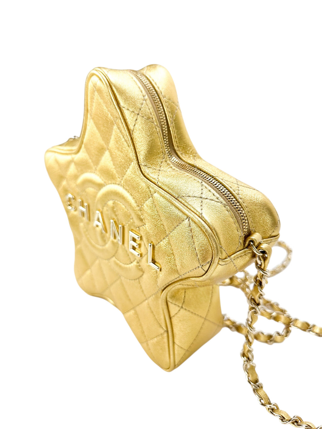 Chanel Gold Metallic Quilted Lambskin Walk Of Fame Star Bag Full Set