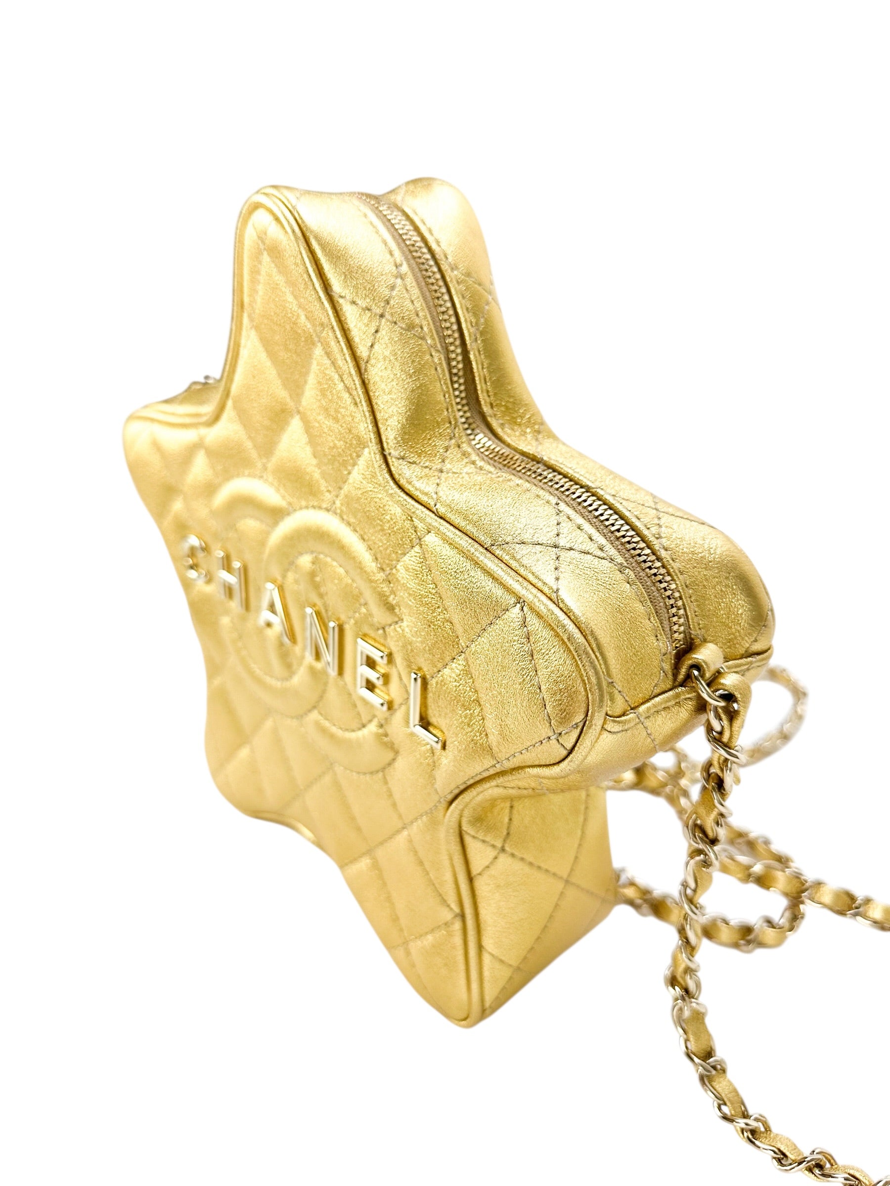 Chanel Gold Metallic Quilted Lambskin Walk Of Fame Star Bag Full Set