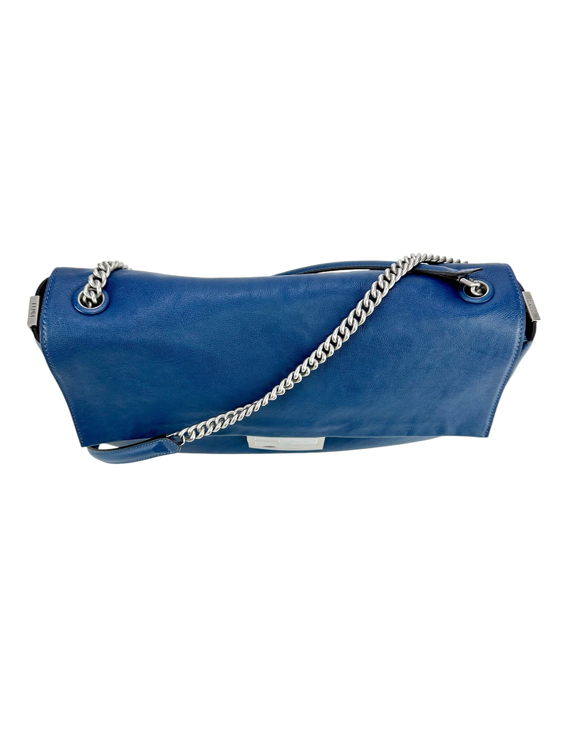 Fendi Blue Calfskin Chain Baguette Large Runway Piece