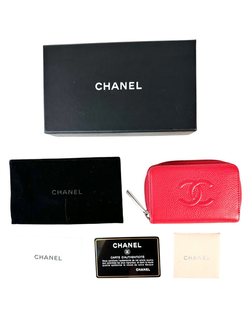 Chanel Red Caviar Leather Compact Wallet Card Case
