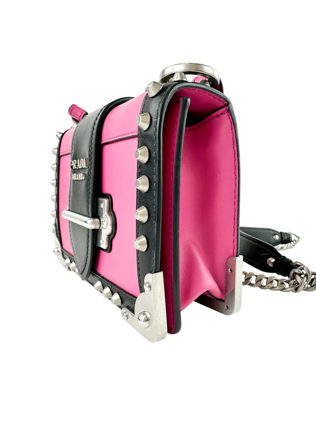 Prada Pink And Black Saffiano Leather Studded City Bag