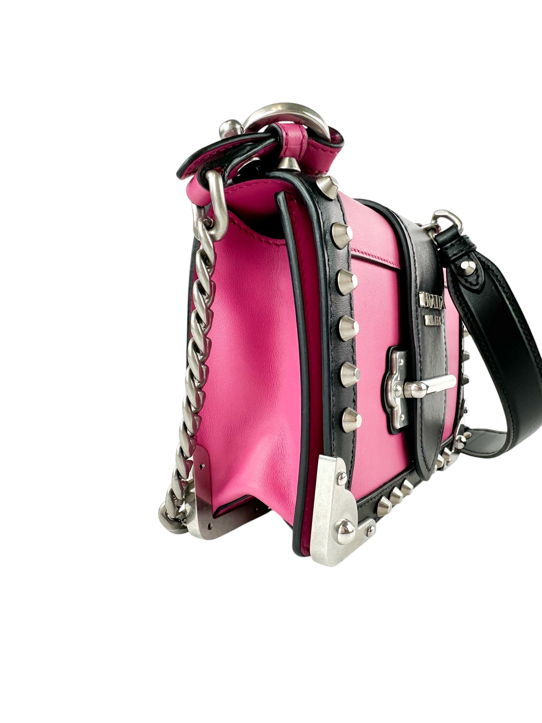 Prada Pink And Black Saffiano Leather Studded City Bag