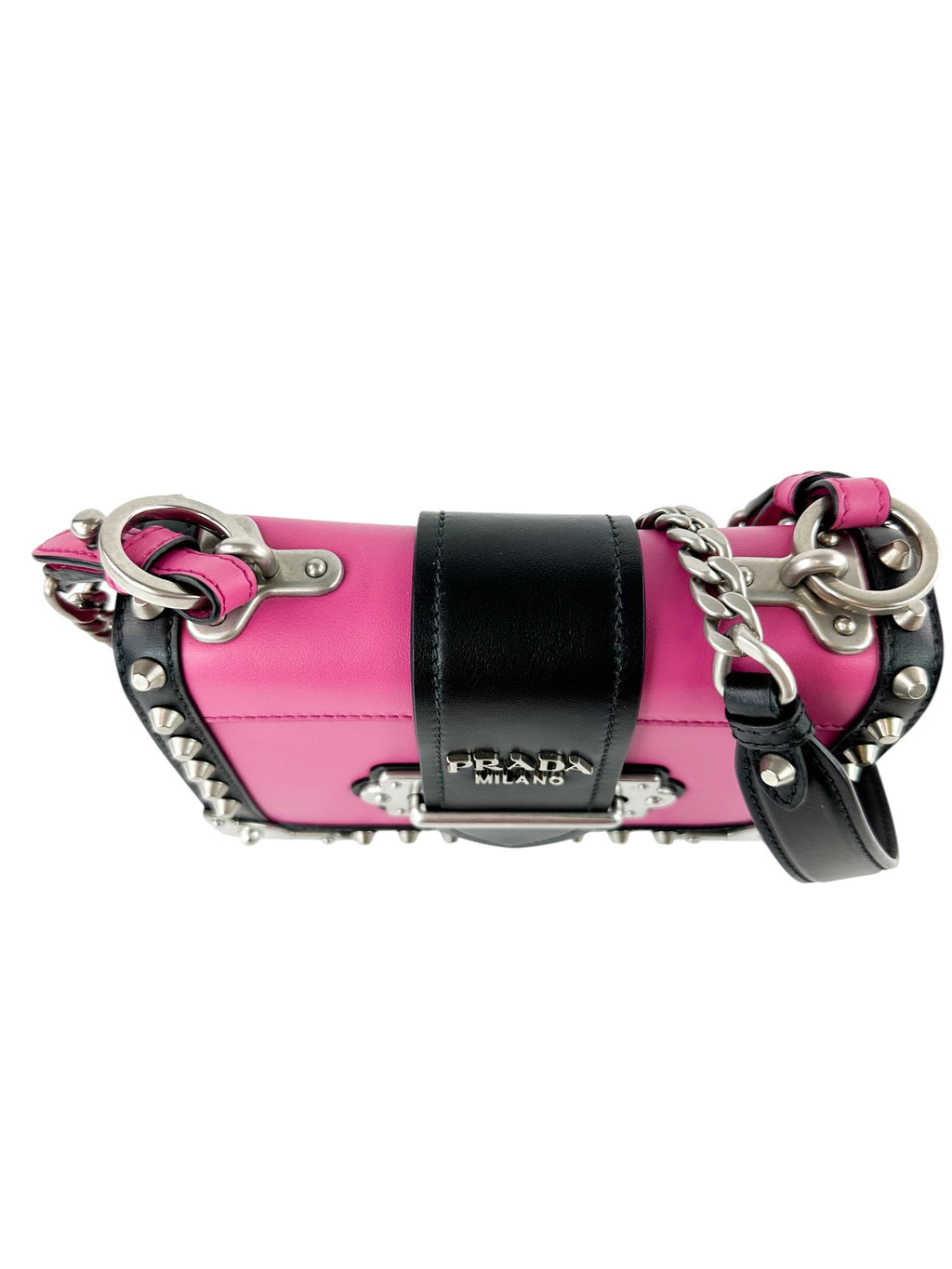 Prada Pink And Black Saffiano Leather Studded City Bag