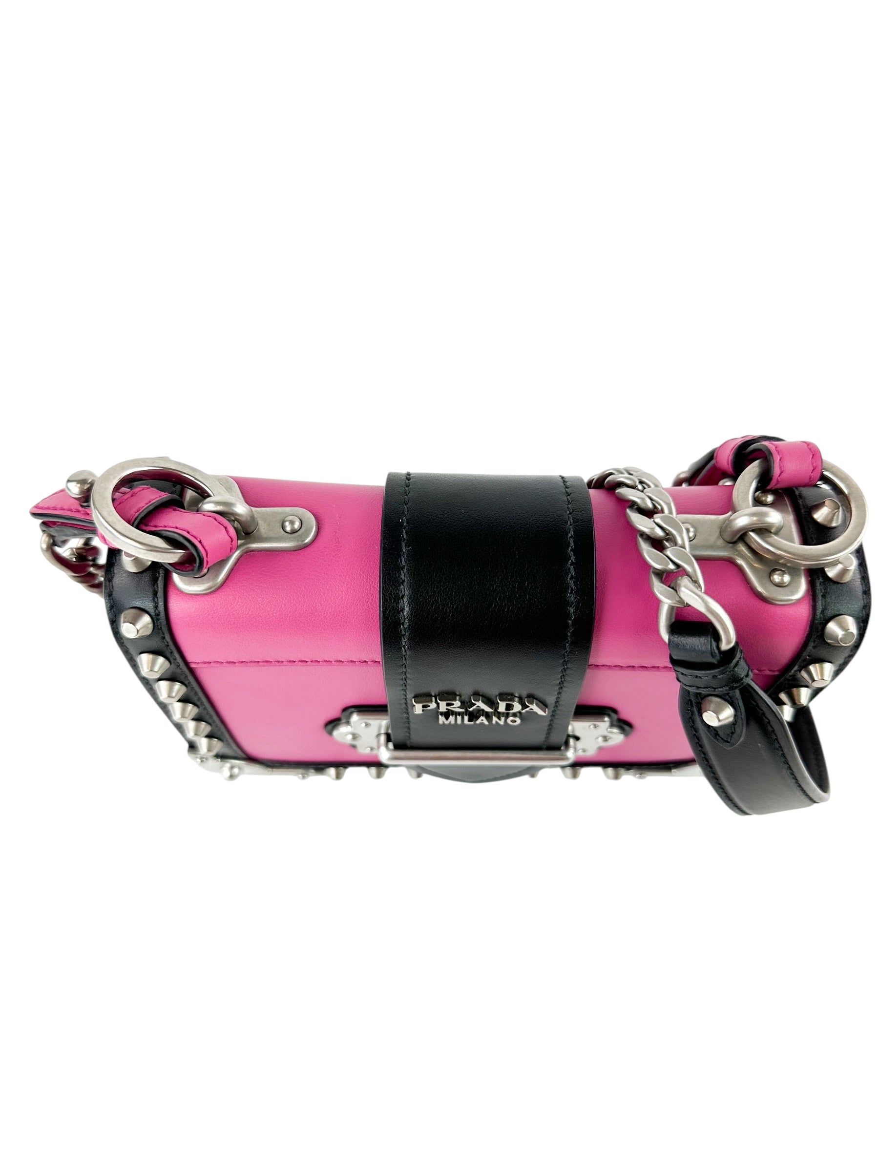 Prada Pink And Black Saffiano Leather Studded City Bag