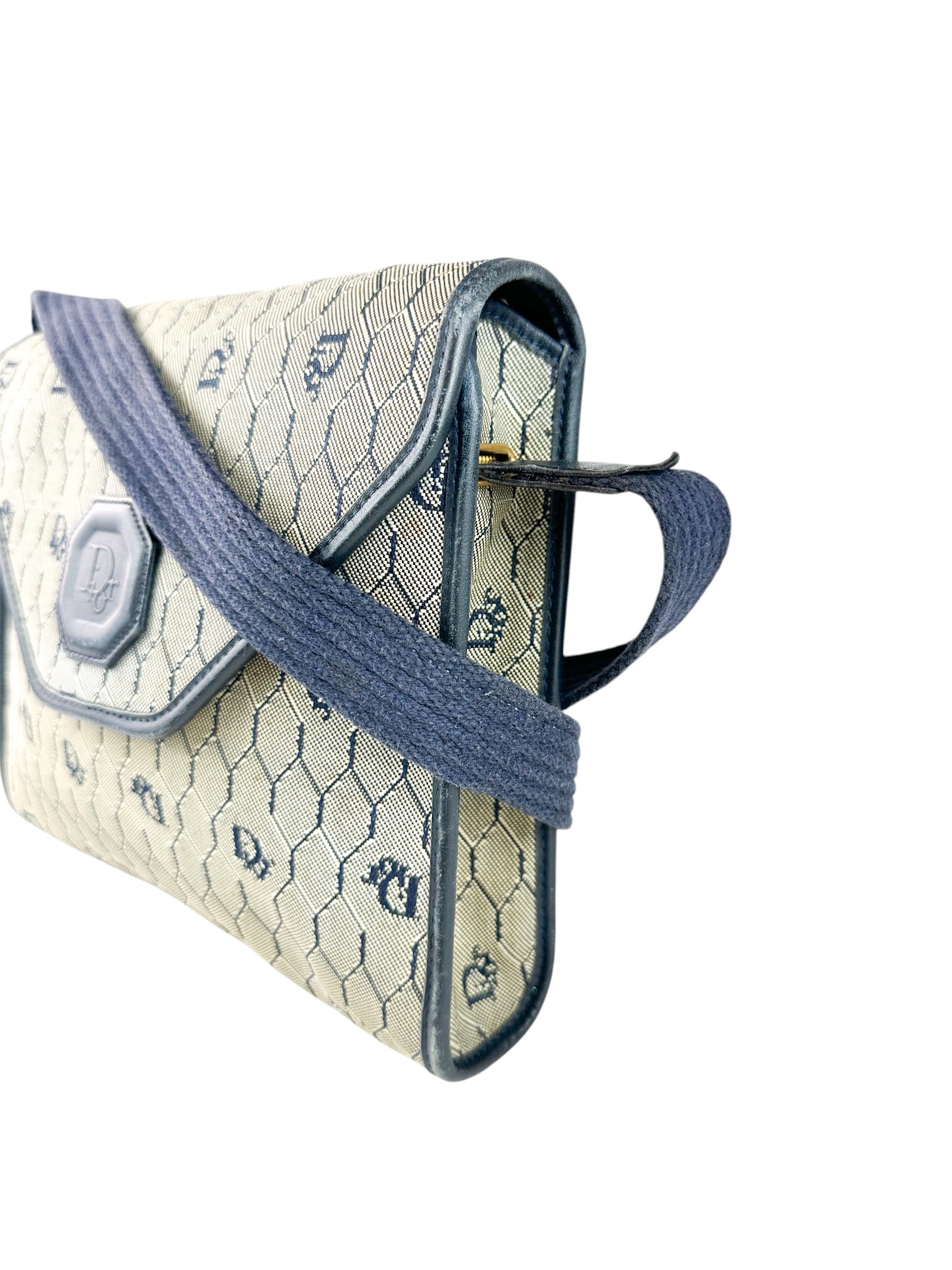 Dior Beige Navy Blue Honeycomb Canvas Shoulder Bag