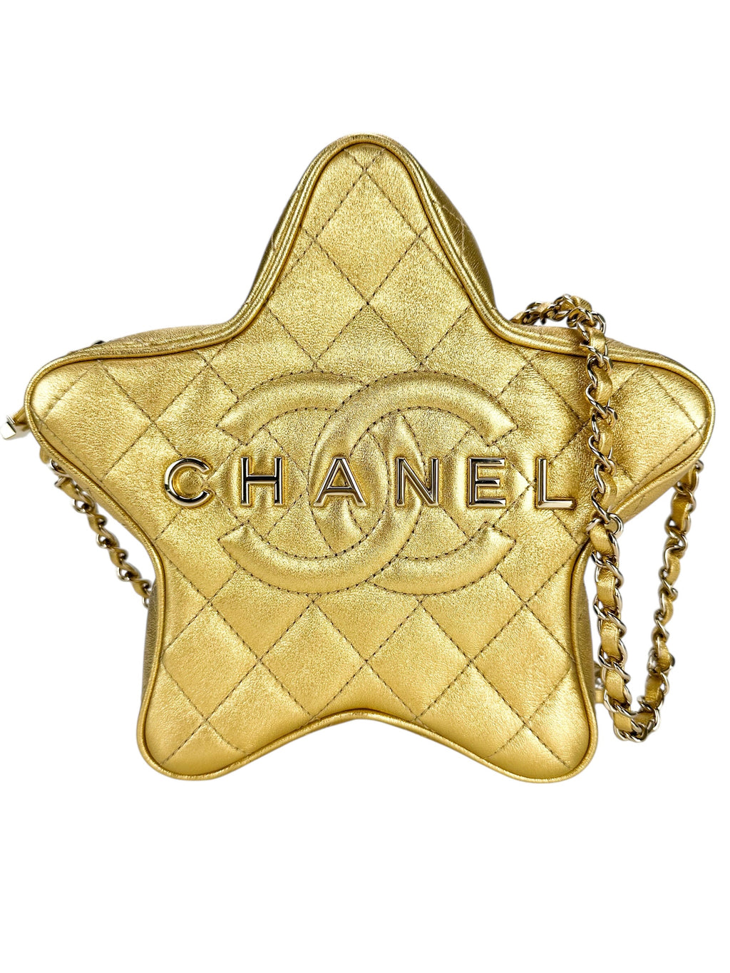 Chanel Gold Metallic Quilted Lambskin Walk Of Fame Star Bag Full Set