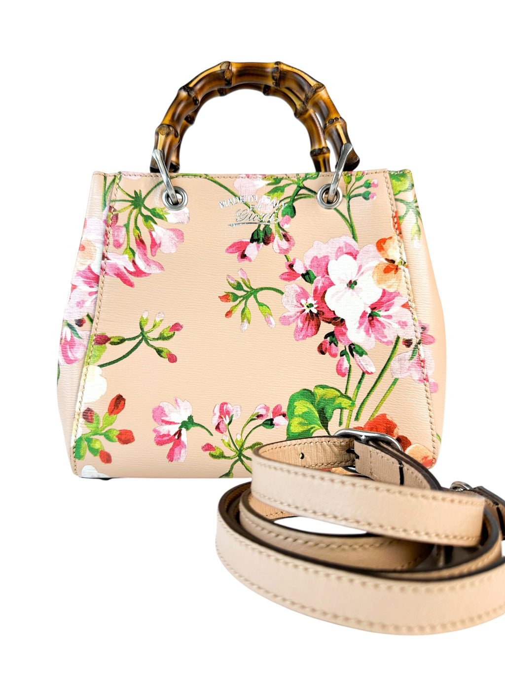 Gucci Floral Leather Bamboo Top Handle Bag