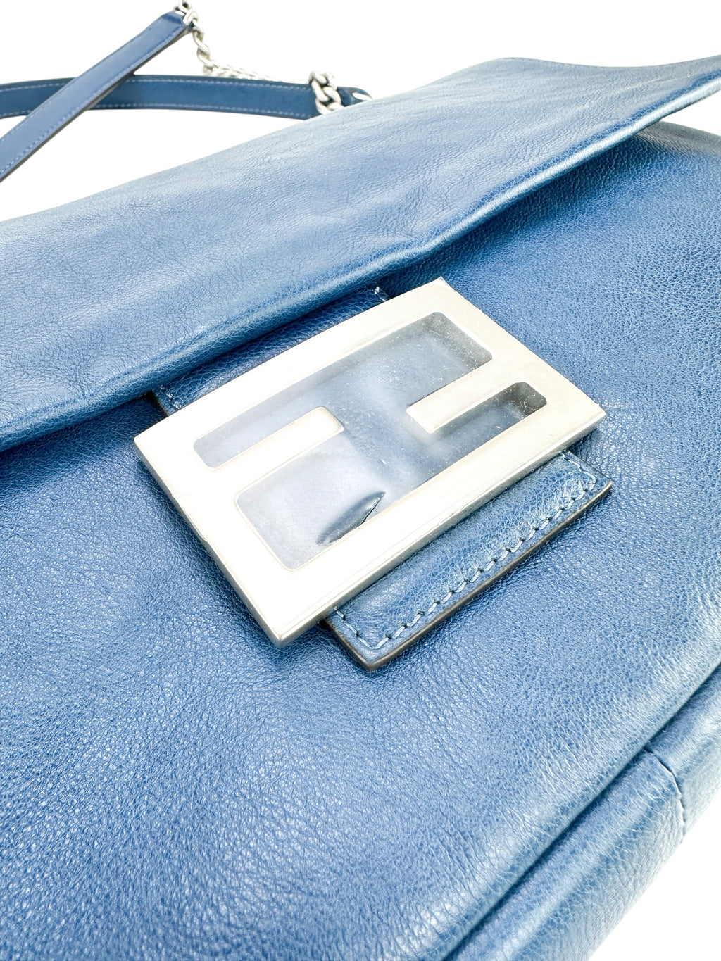Fendi Blue Calfskin Chain Baguette Large Runway Piece