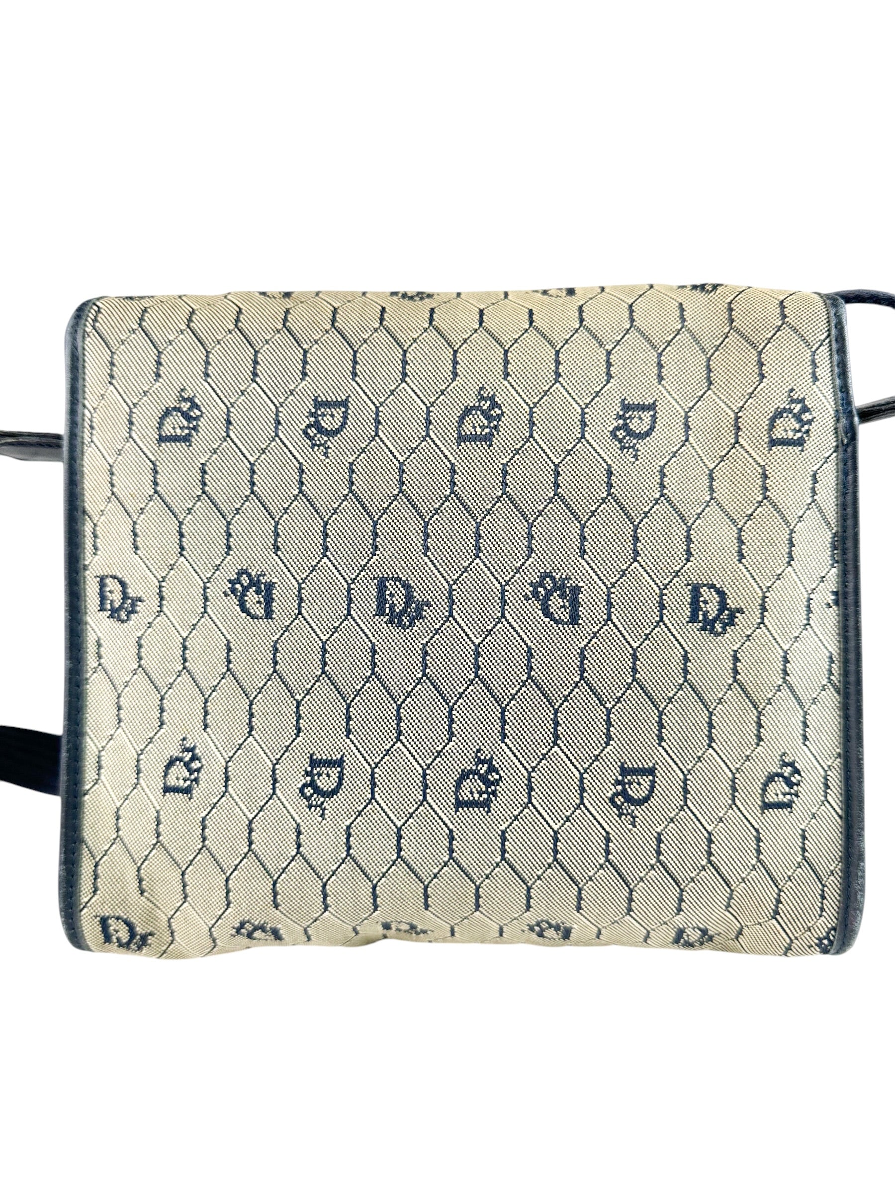 Dior Beige Navy Blue Honeycomb Canvas Shoulder Bag