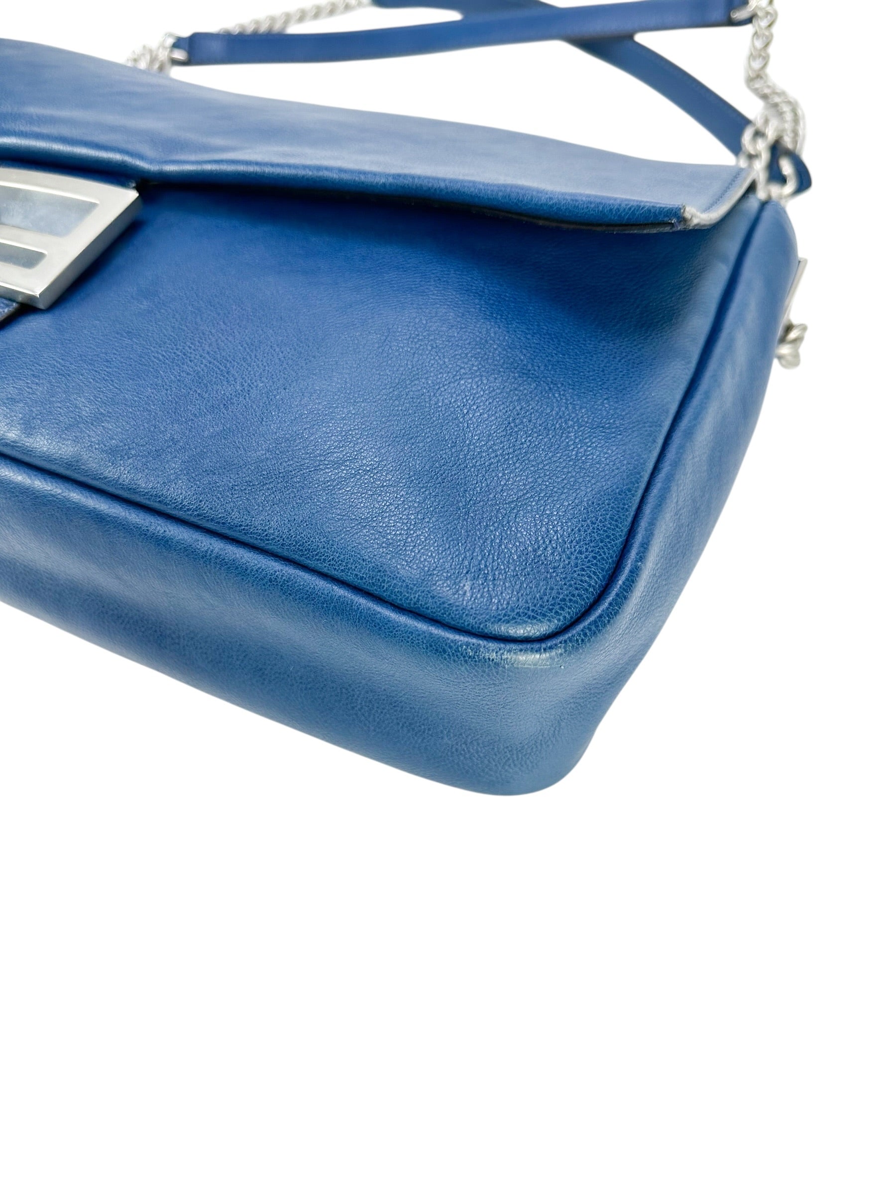 Fendi Blue Calfskin Chain Baguette Large Runway Piece