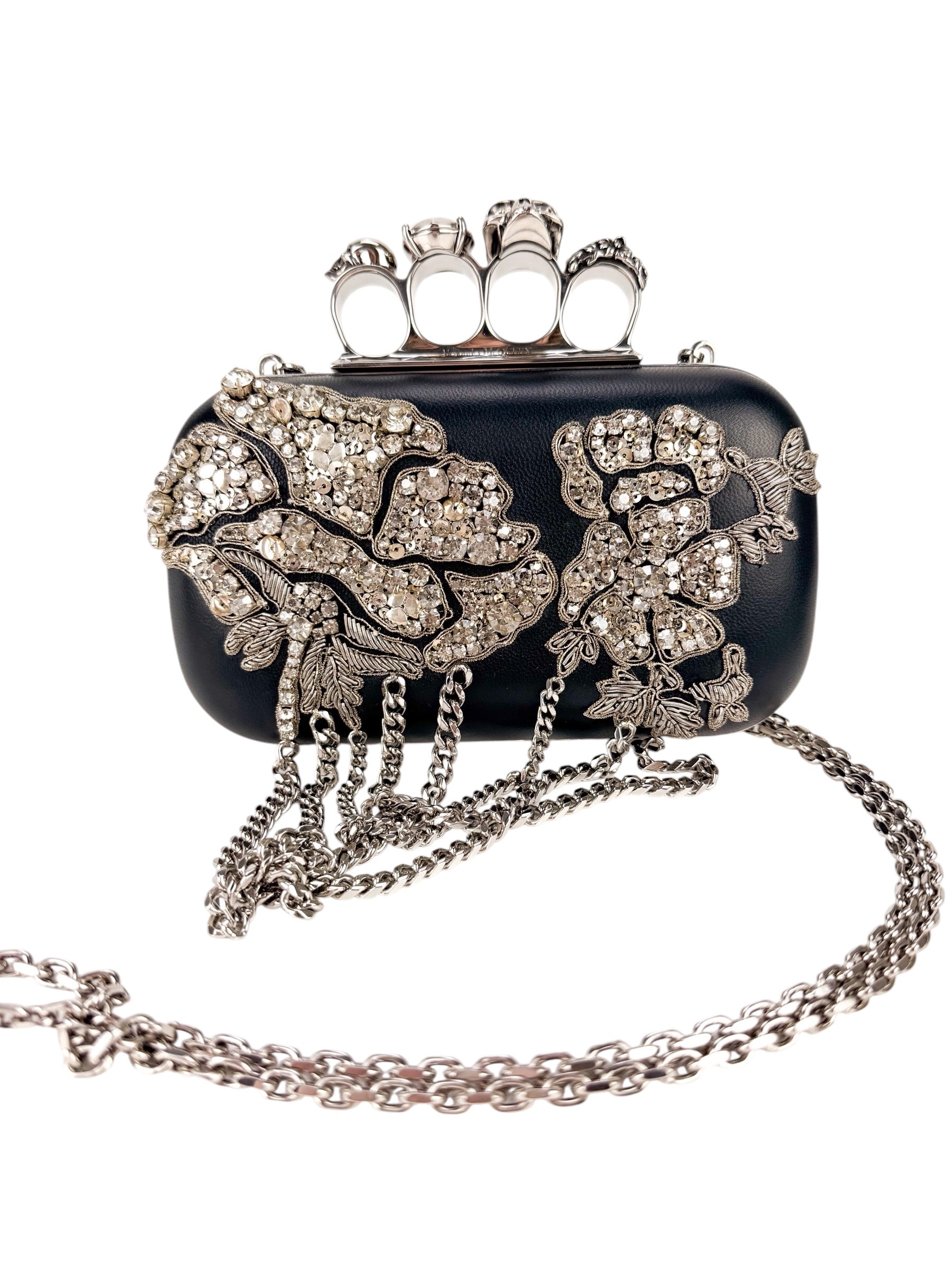 Alexander McQueen Black Leather Crystal Embellished Knuckleduster Clutch