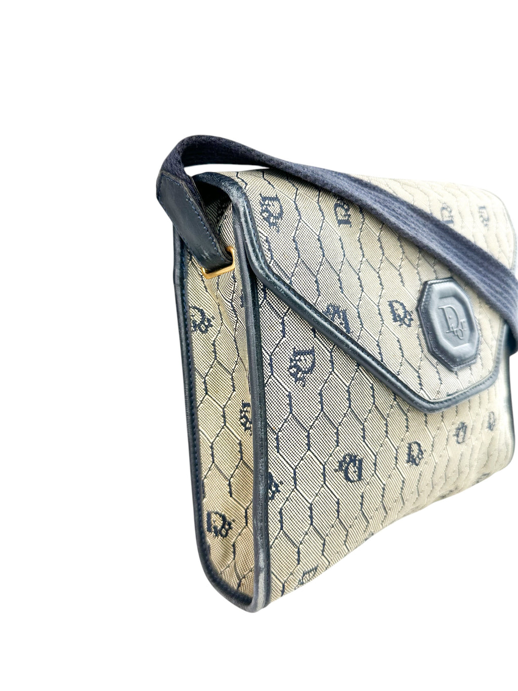 Dior Beige Navy Blue Honeycomb Canvas Shoulder Bag