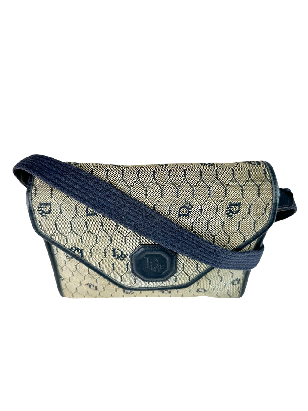 Dior Beige Navy Blue Honeycomb Canvas Shoulder Bag