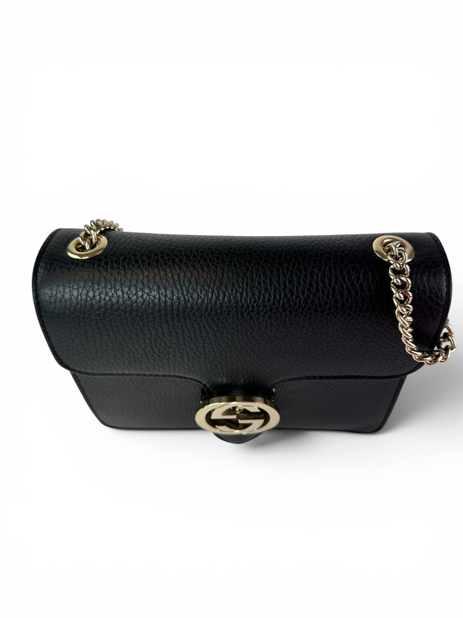 Gucci Black Pebbled Leather Interlocking G Chain Bag