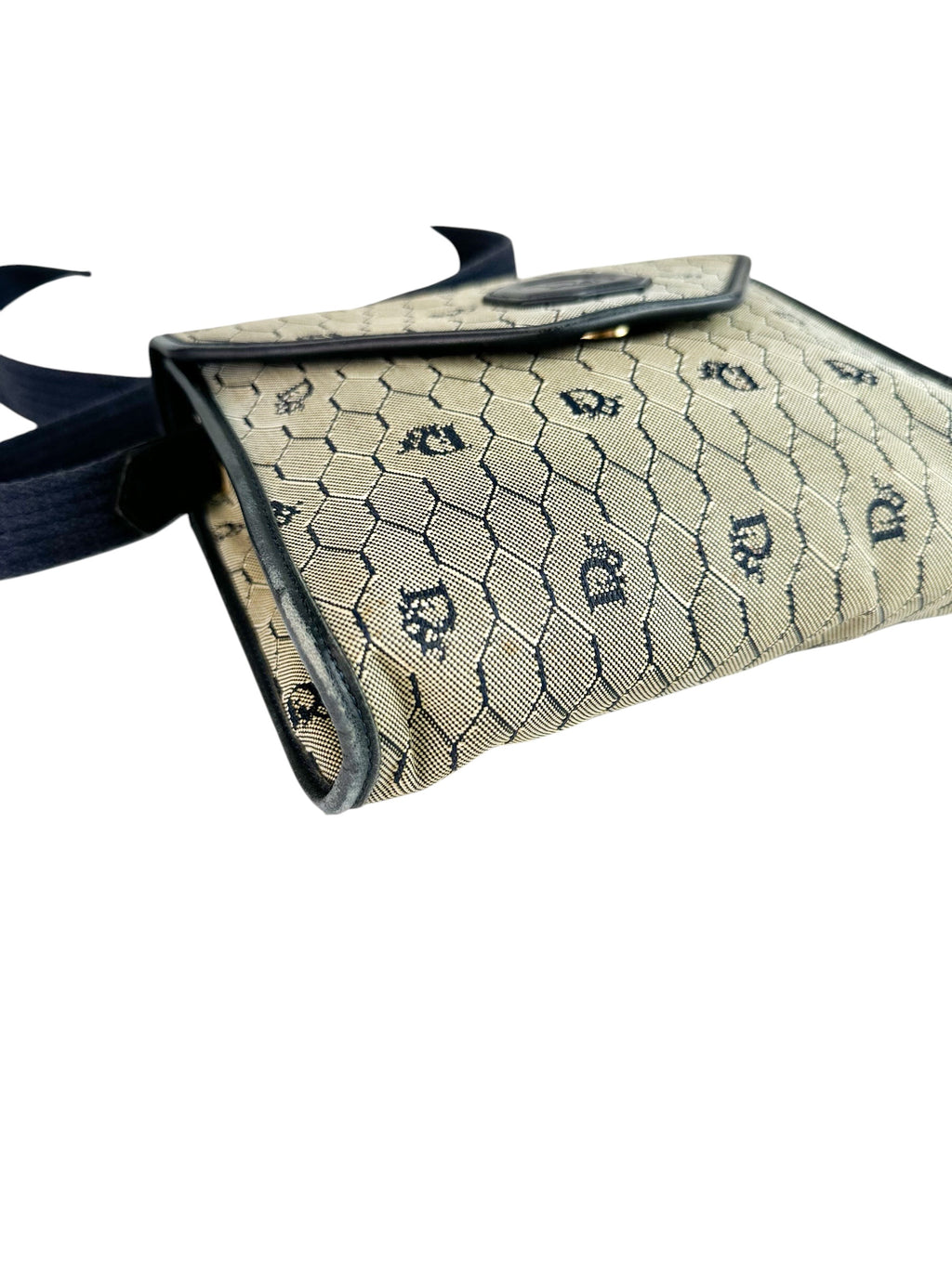 Dior Beige Navy Blue Honeycomb Canvas Shoulder Bag