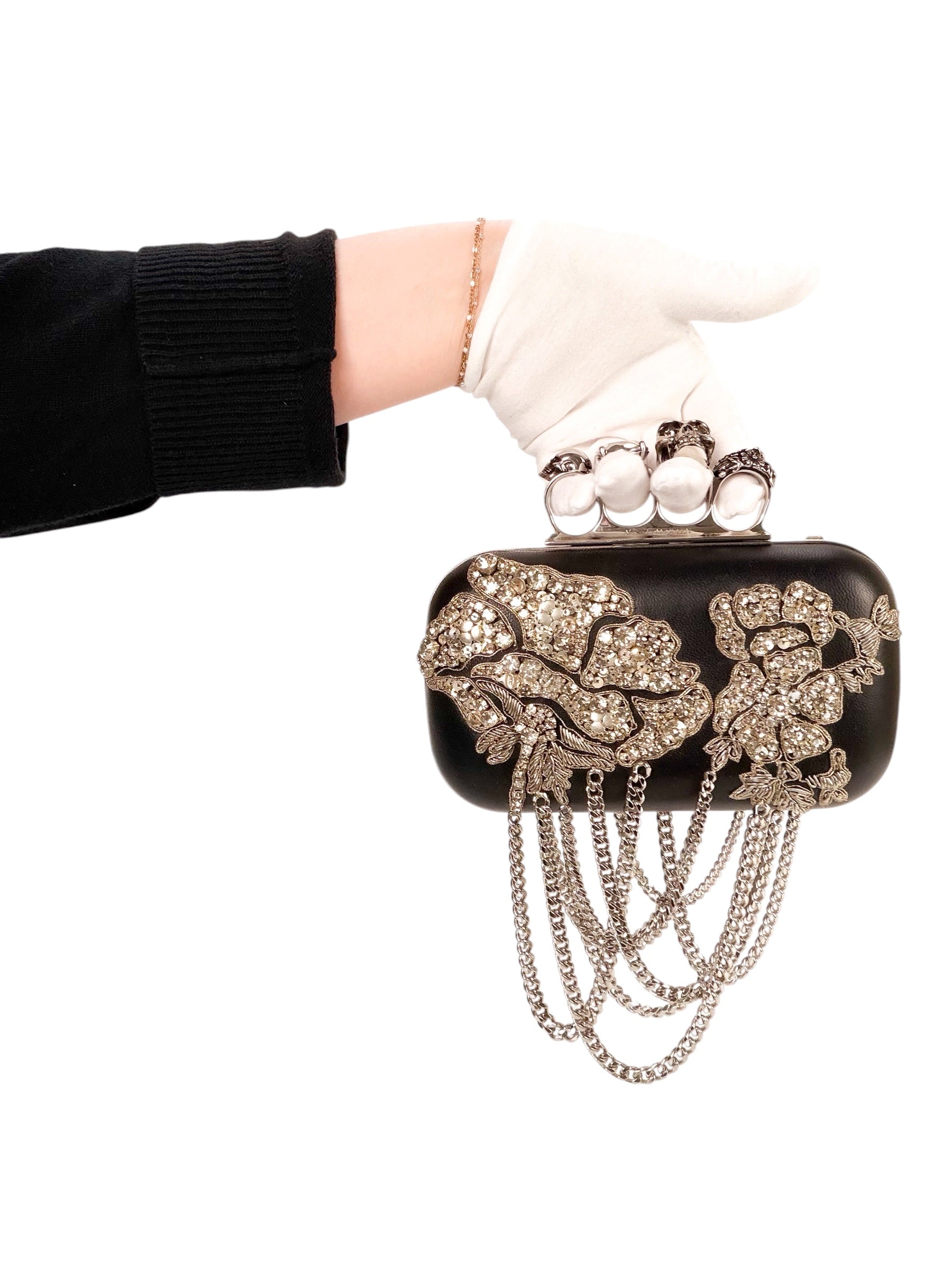 Alexander McQueen Black Leather Crystal Embellished Knuckleduster Clutch