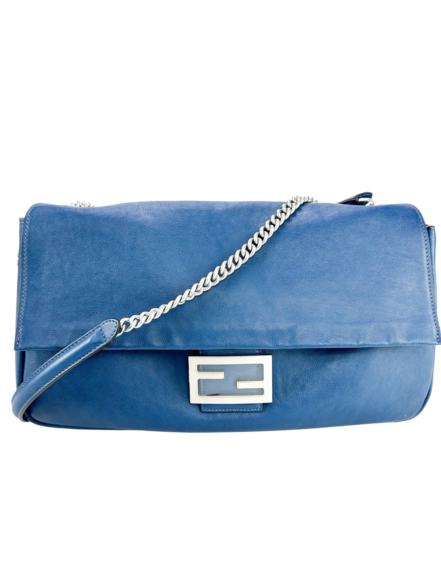 Fendi Blue Calfskin Chain Baguette Large Runway Piece