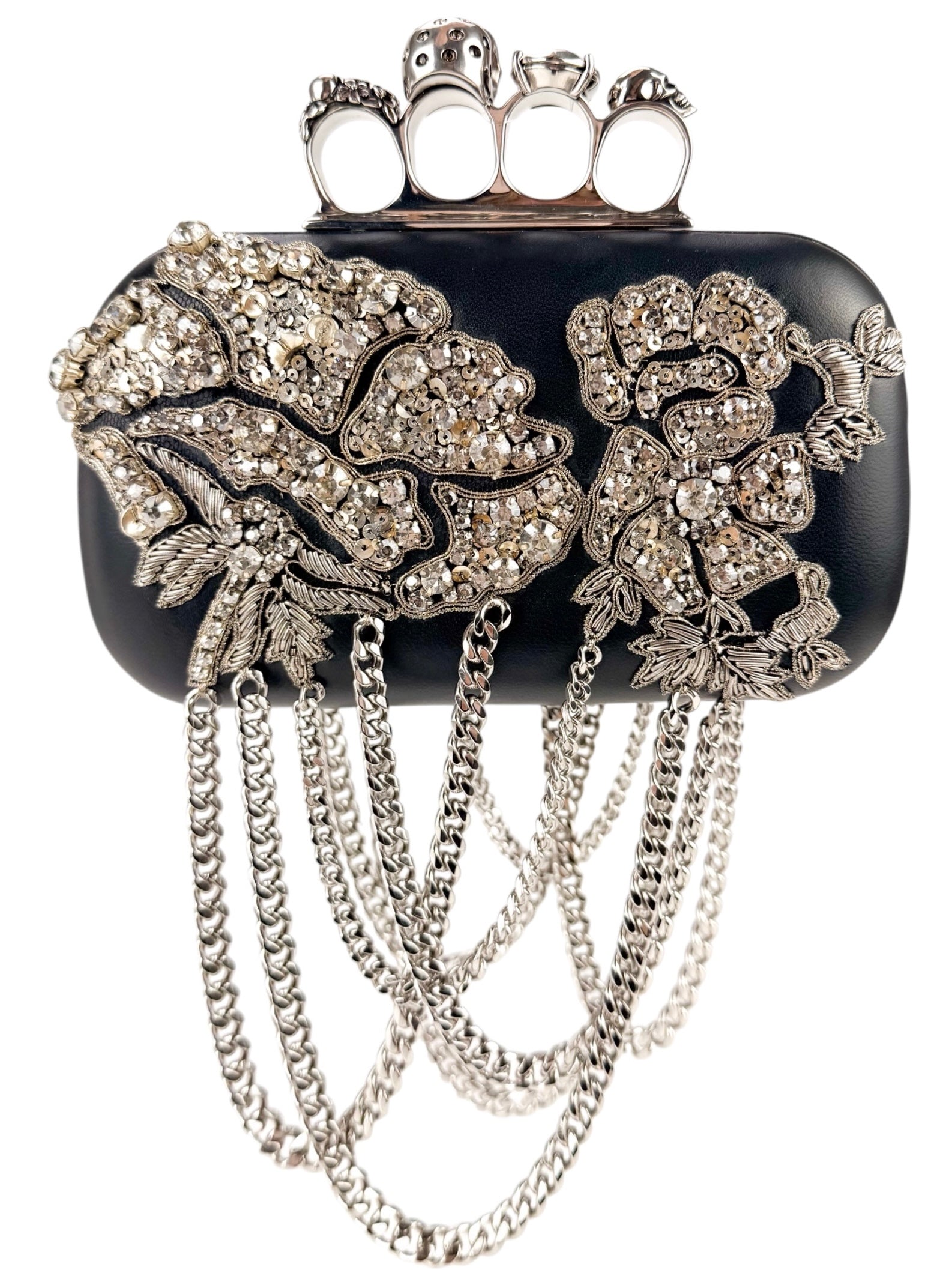 Alexander McQueen Black Leather Crystal Embellished Knuckleduster Clutch