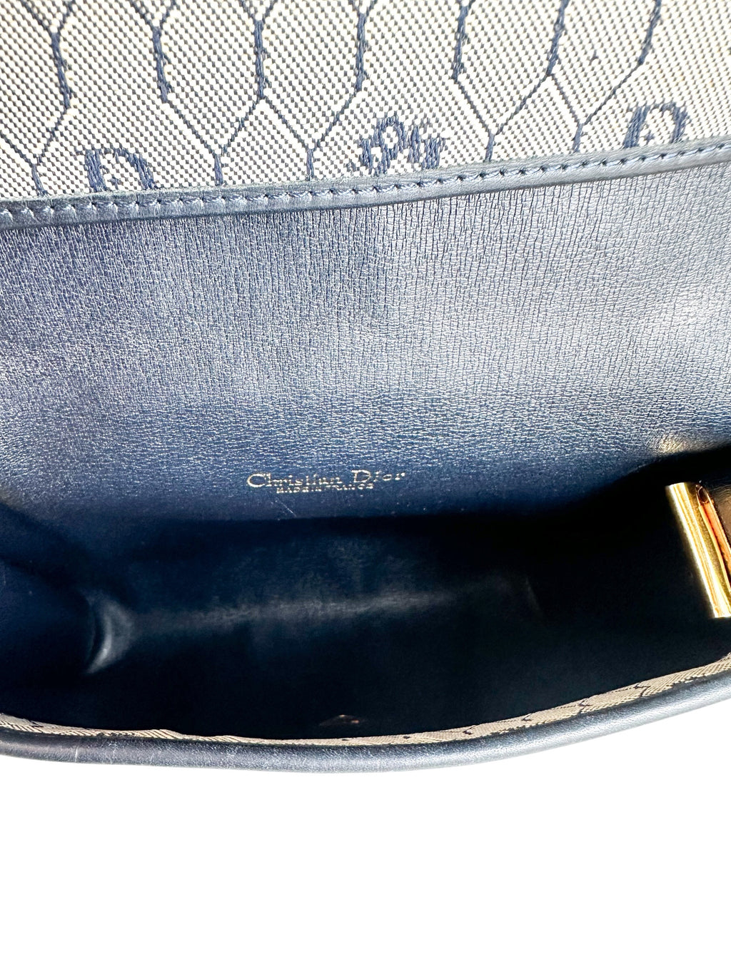 Dior Beige Navy Blue Honeycomb Canvas Shoulder Bag