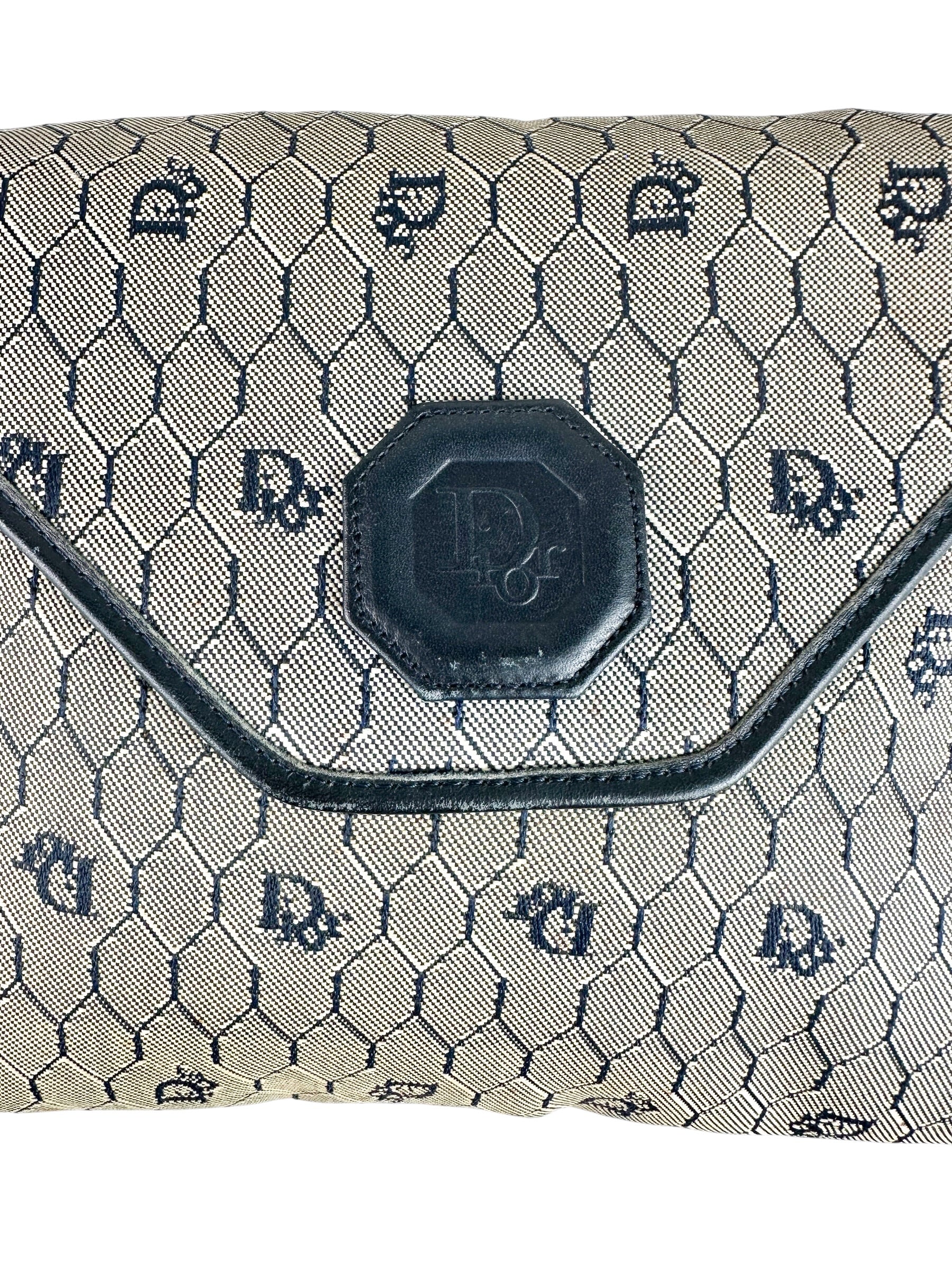 Dior Beige Navy Blue Honeycomb Canvas Shoulder Bag