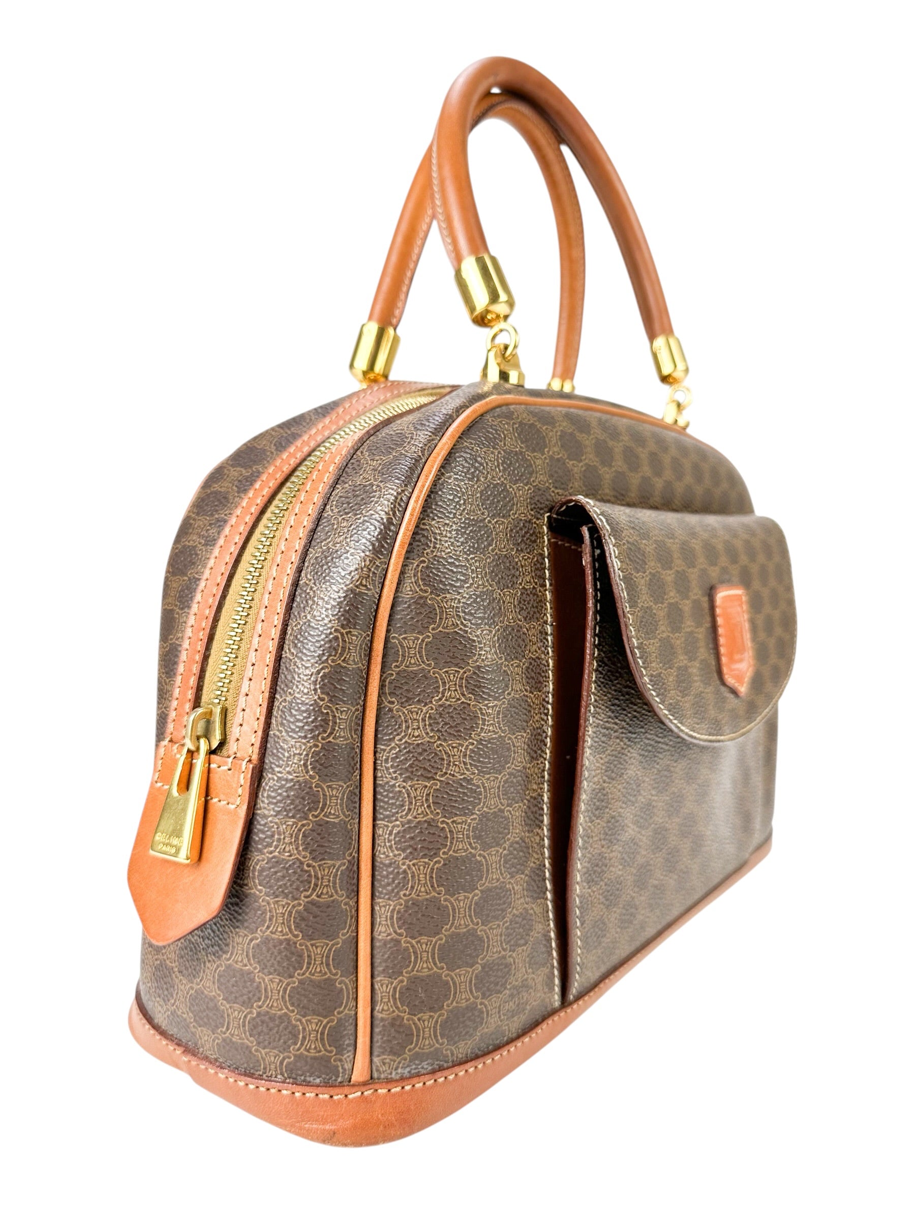 Celine Brown Macadam Coated Canvas Vintage Top Handle Bag